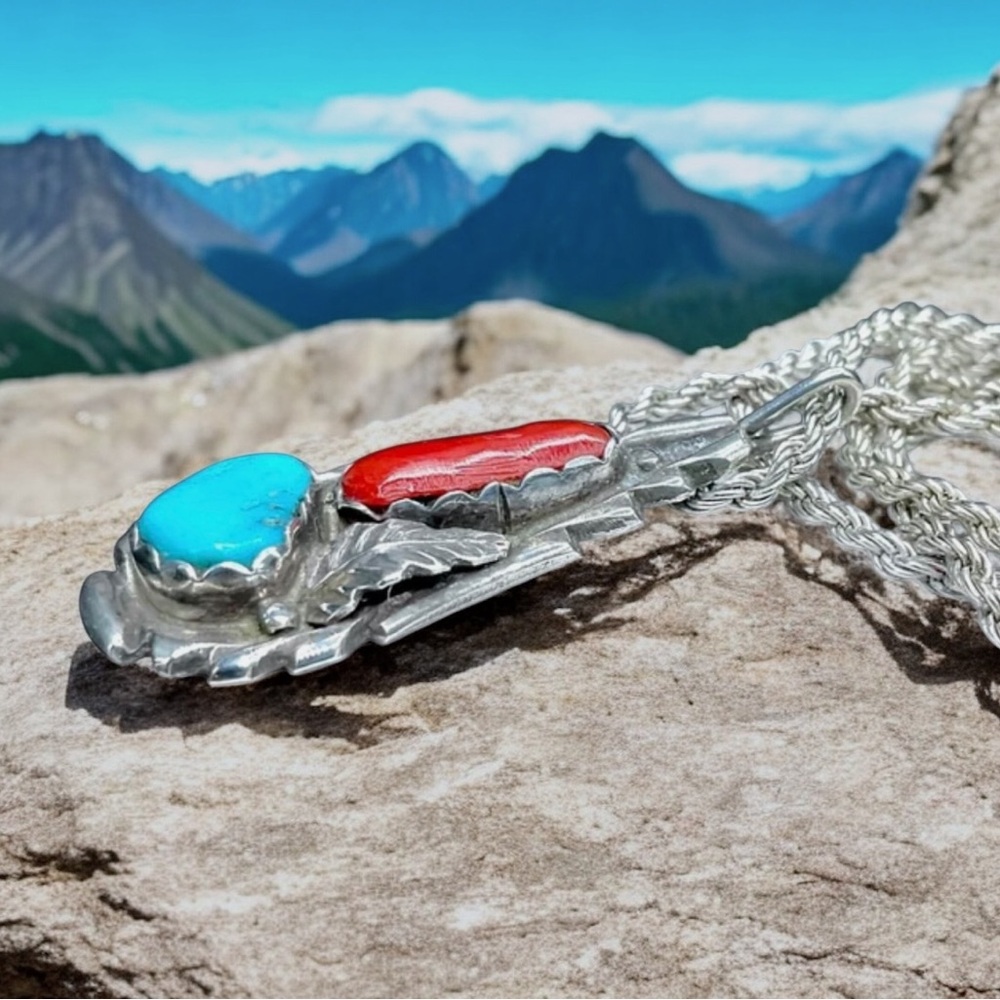 🌺Vintage Zuni Vance Cheama Sterling, Turquoise & Coral Necklace - Picture 4 of 11